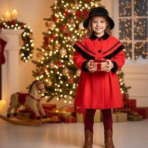 Vintage Girls Size 6 Fancy Red Winter Holiday Jacket Coat With Black Velvet Hat